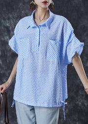 Stylish Blue Plaid Drawstring Cotton Top Summer