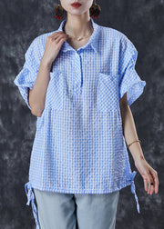 Stylish Blue Plaid Drawstring Cotton Top Summer