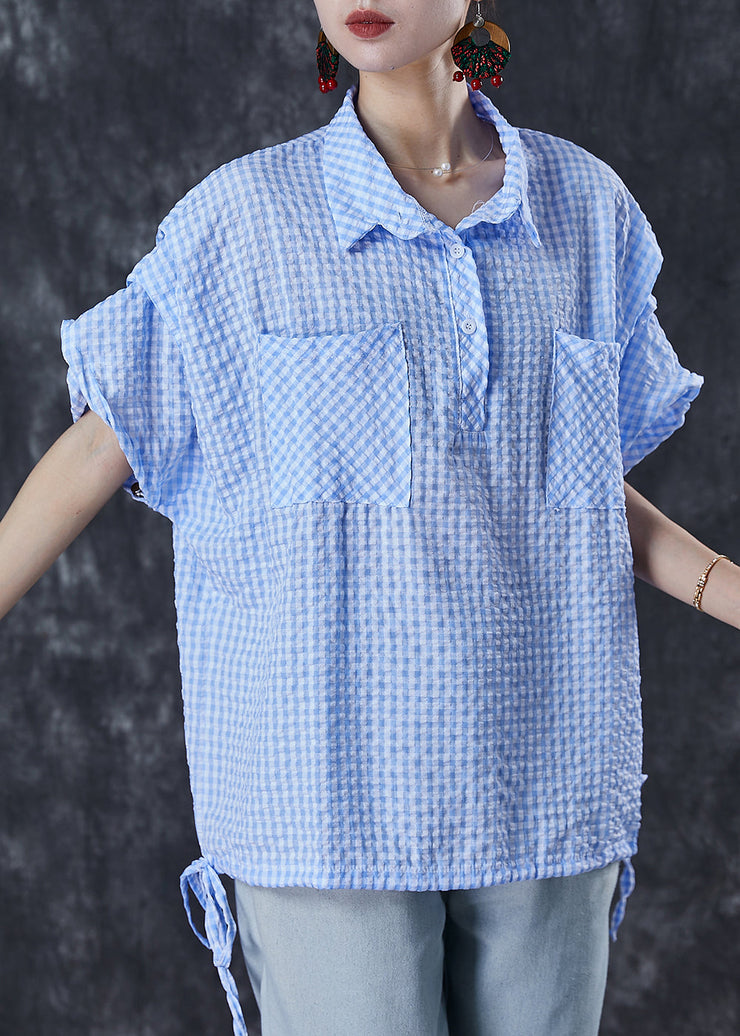 Stylish Blue Plaid Drawstring Cotton Top Summer