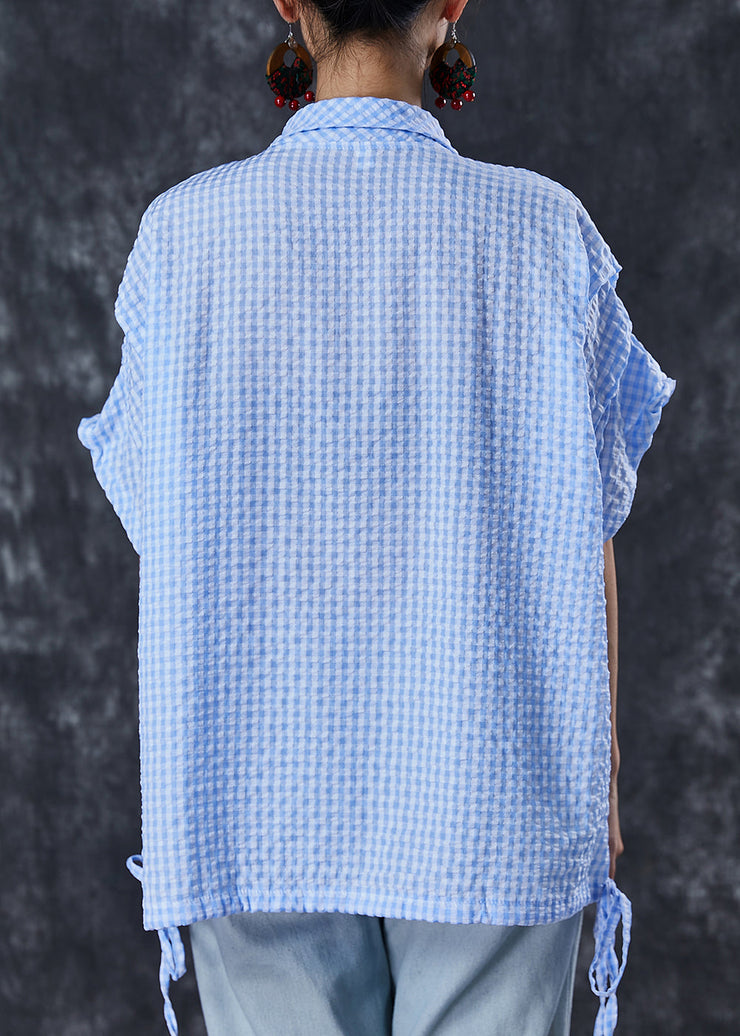 Stylish Blue Plaid Drawstring Cotton Top Summer