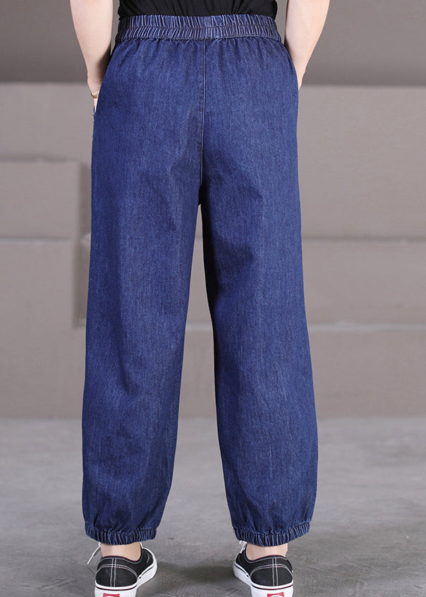 Stylish Blue Pockets Lace Patchwork Denim Beam Pants Fall