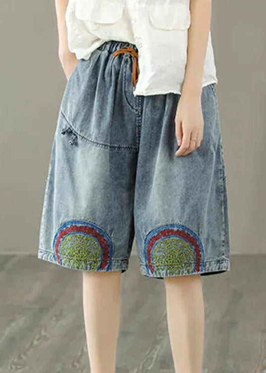 Stylish Blue Print Elastic Waist Shorts Summer