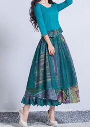 Stylish Blue Print Wrinkled Lace Patchwork Chiffon Skirt Summer