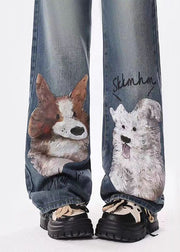 Stylish Blue Puppy Doodle Pockets Denim Straight Pants Spring