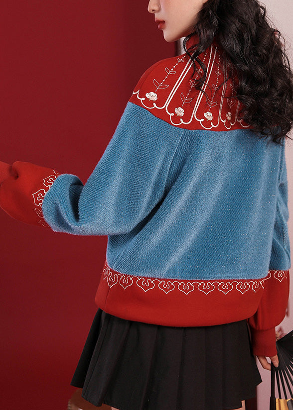 Stylish Blue Red Patchwork Embroideried Button Warm Fleece Sweatshirts Long Sleeve