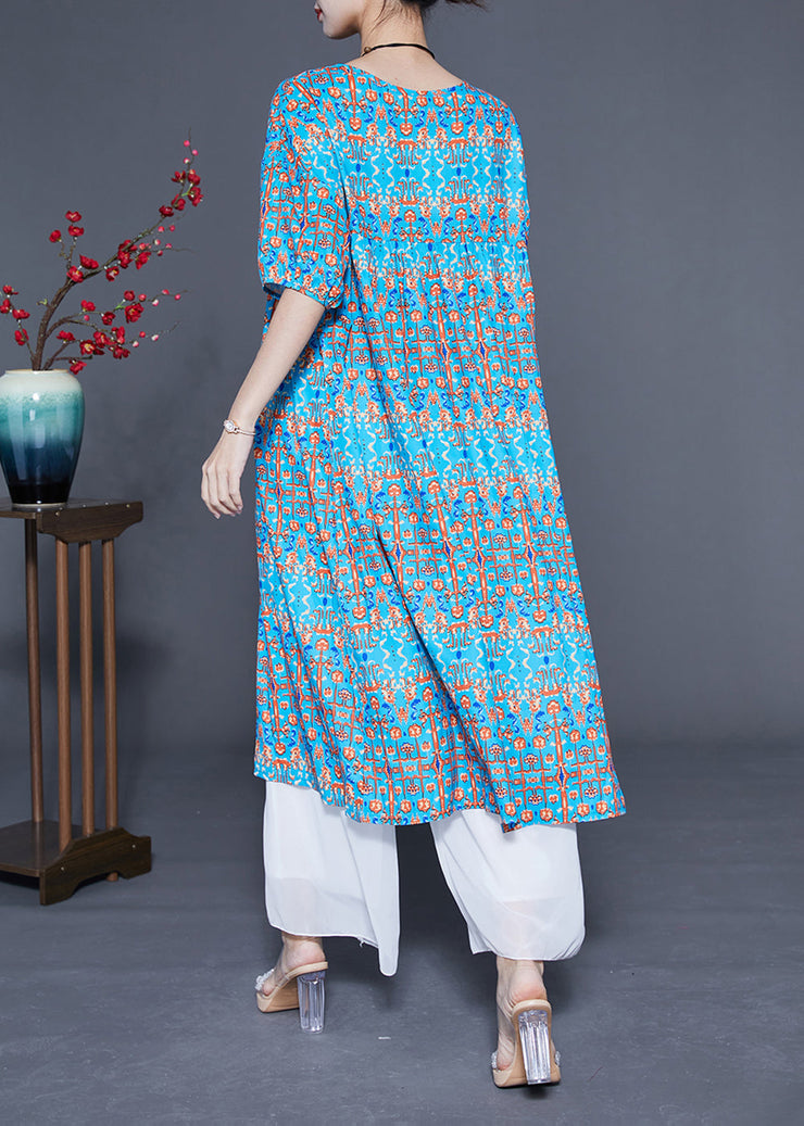 Stylish Blue Ruffled Print Silk Long Dresses Summer