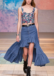 Stylish Blue Ruffles Patchwork Low High Design Denim Wraped Skirts Spring