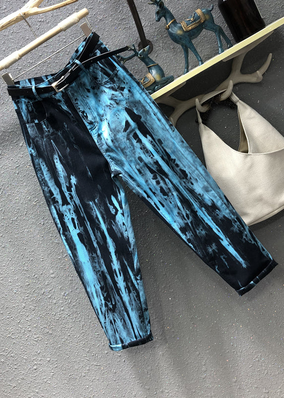 Stylish Blue Tie Dye Pockets Patchwork Denim Pants Fall