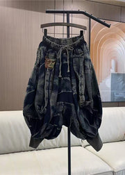 Stylish Blue Wrinkled Elastic Waist Denim Lantern Pants Spring