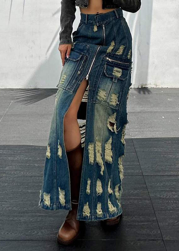 Stylish Blue Zip Up Patchwork Ripped Denim Skirts Spring