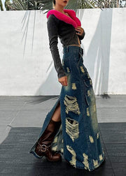 Stylish Blue Zip Up Patchwork Ripped Denim Skirts Spring