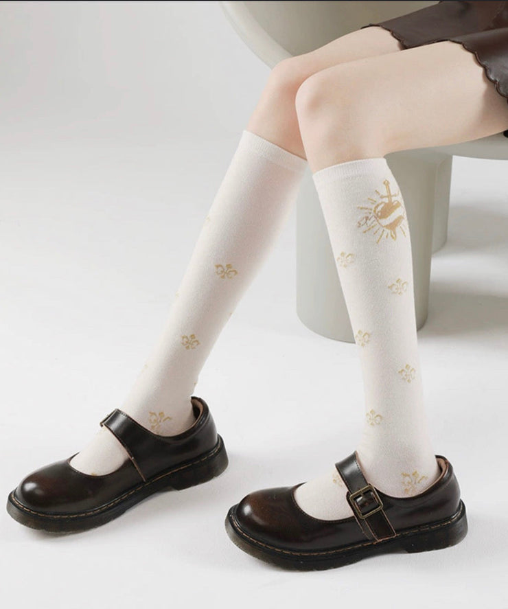 Stylish Bow Floral Jacquard Over The Calf Socks