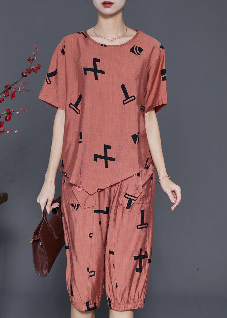 Stylish Brick Red Asymmetrical Print Linen Two Pieces Set Summer