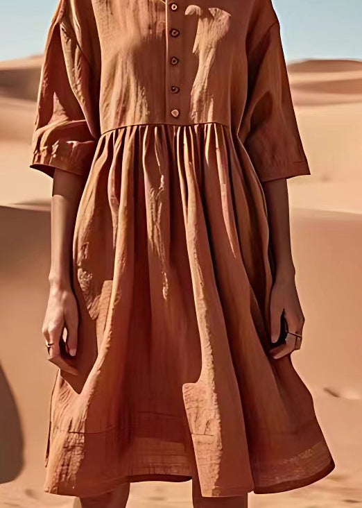 Stylish Brick Red O Neck Wrinkled Button Linen Mid Dresses Summer