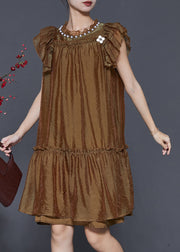 Stylish Brown Nail Bead Ruffled Silk Vacation Dress Summer