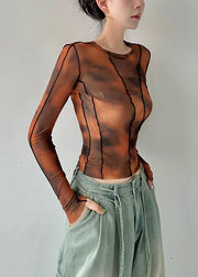 Stylish Brown O Neck Tie Dye Tulle Blouses Top Fall