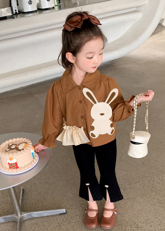 Stylish Brown Peter Pan Collar Tops And Pants Cotton Baby Girls Two Pieces Set Fall