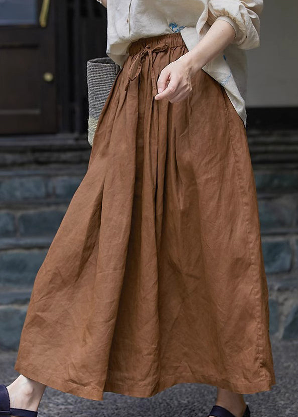 Stylish Brown Pockets Wrinkled Elastic Waist Cotton Skirt Spring