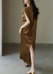 Stylish Brown V Neck Cinched Silk Maxi Dresses Summer