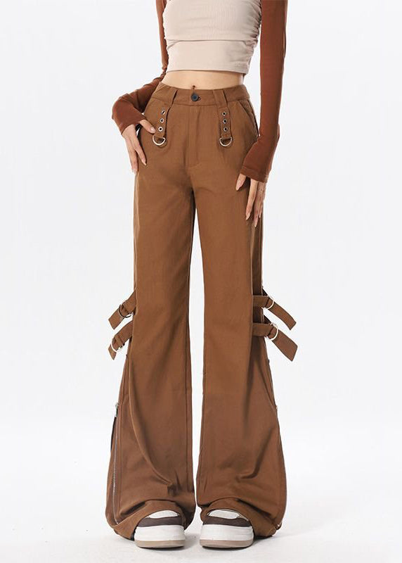 Stylish Brown Zip Up Pockets Patchwork Cotton Flared Trousers Spring