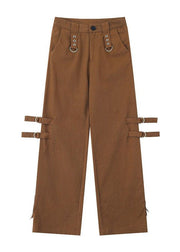 Stylish Brown Zip Up Pockets Patchwork Cotton Flared Trousers Spring