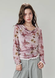 Stylish Butterfly Print Lace Patchwork Tulle Tops Fall