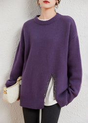 Stylish Camel Asymmetrical Design Wool Cotton Knit Sweater Long Sleeve