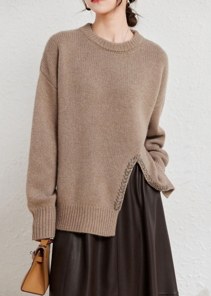 Stylish Camel Asymmetrical Design Wool Cotton Knit Sweater Long Sleeve