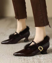 Stylish Chocolate Pointed Toe High Heel Sheepskin Mink Hair Lined