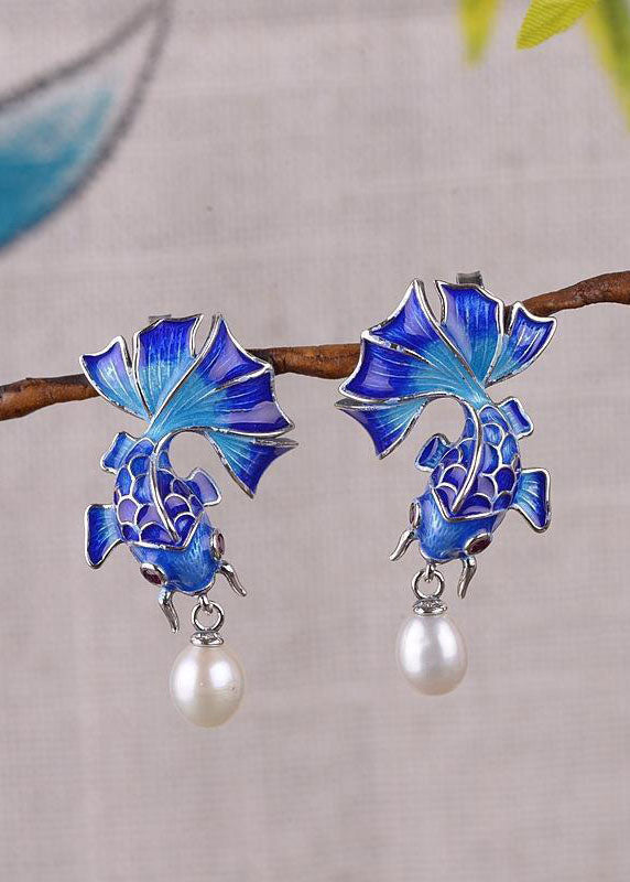 Stylish Cloisonne Goldfish Pearl Metal Stud Earrings