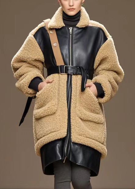 Stylish Coffee Cinched Patchwork PU Warm Fleece Trench Winter