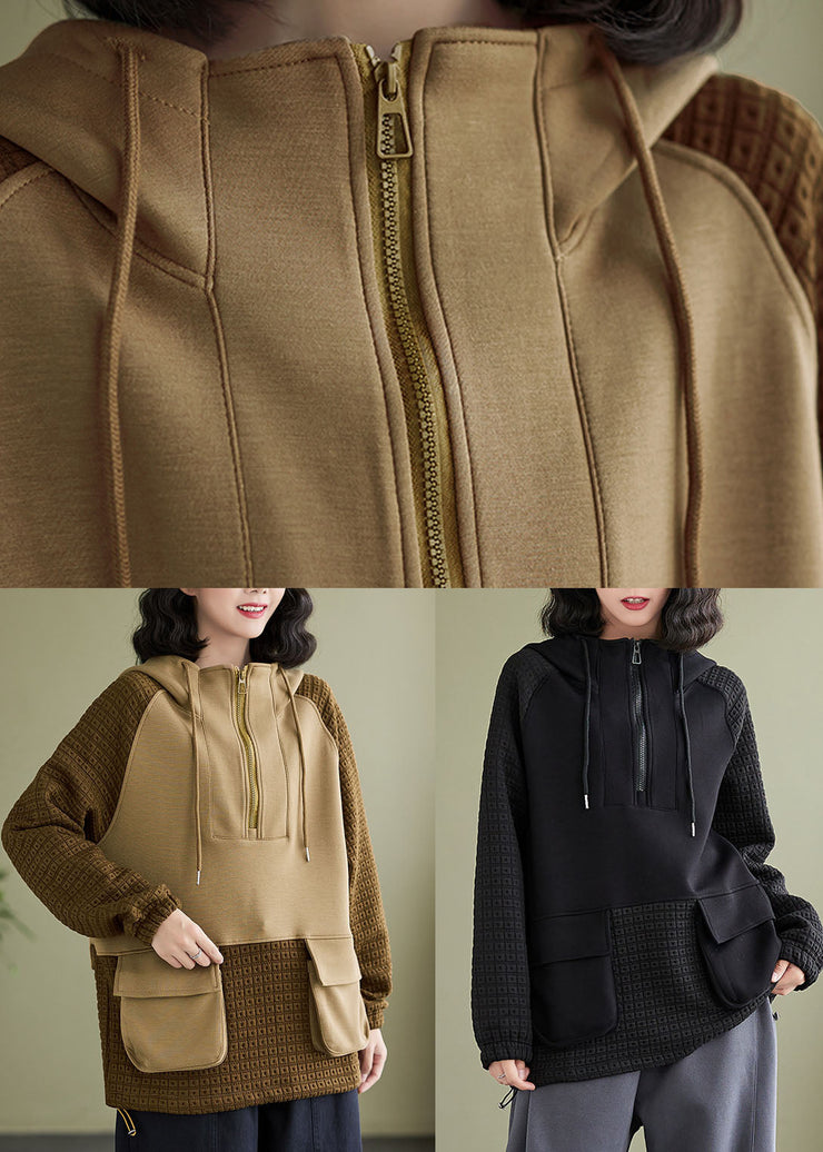 Stylish Coffee Pockets Zippered Patchwork Hooded Pullover Fall