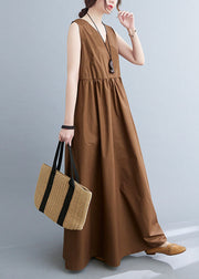 Stylish Coffee V Neck Patchwork Cotton Summer Dress Sleeveless