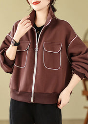 Stylish Coffee Zip Up Pockets Cotton Jacket Spring