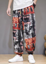 Stylish Colorblock Print Pockets High Waist Cotton Men Beam Pants Summer