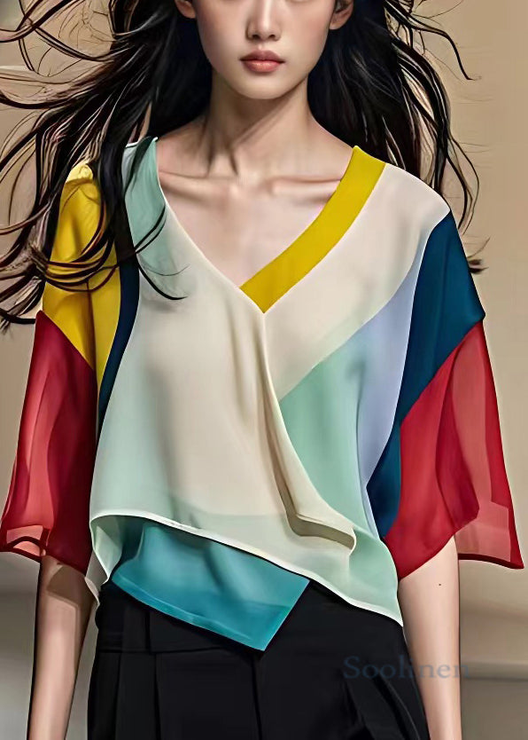 Stylish Colorblock V Neck Asymmetrical Chiffon Shirt Half Sleeve