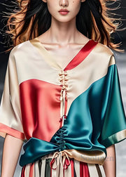 Stylish Colorblock V Neck Cinched Patchwork Silk Blouses Summer