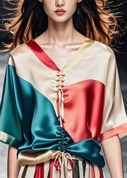 Stylish Colorblock V Neck Cinched Patchwork Silk Blouses Summer