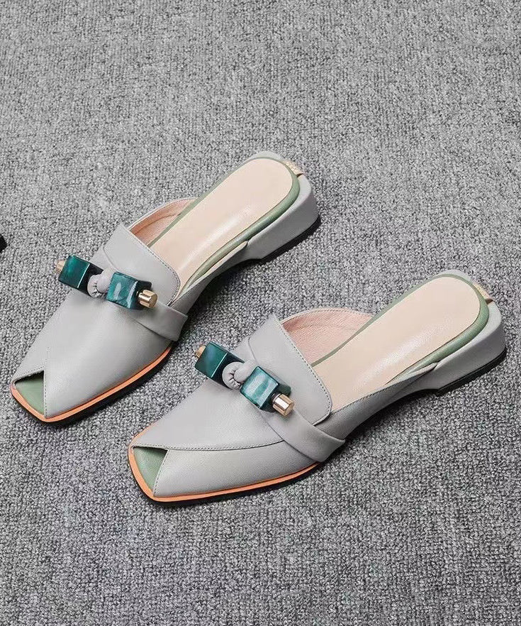 Stylish Comfy Grey Cowhide Leather Splicing Slide Sandals