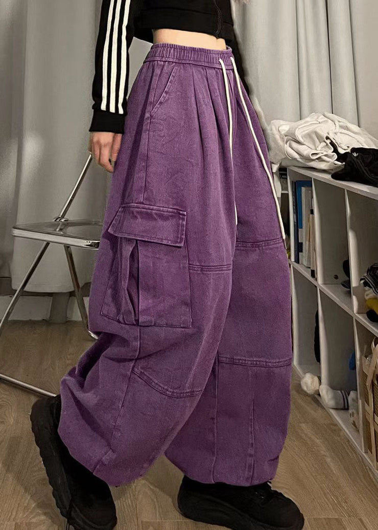 Stylish Cozy Purple Pockets Patchwork Cotton Wide Leg Pants Spring