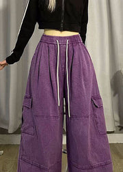 Stylish Cozy Purple Pockets Patchwork Cotton Wide Leg Pants Spring