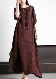 Stylish Dark Red O-Neck Print Silk Maxi Dress Summer