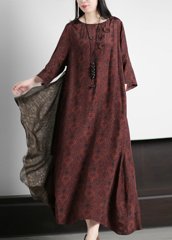 Stylish Dark Red O-Neck Print Silk Maxi Dress Summer