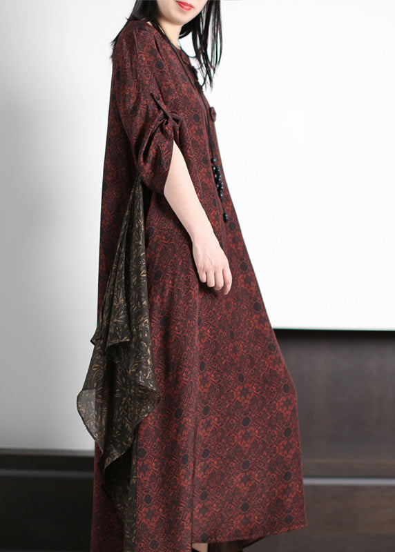 Stylish Dark Red O-Neck Print Silk Maxi Dress Summer