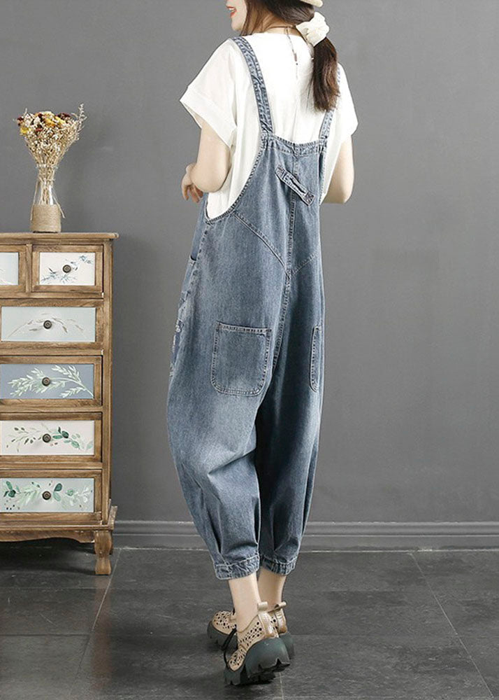 Stylish Denim Blue Slash Neck Print Patchwork Harem Jumpsuit Sleeveless