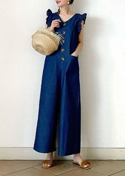 Stylish Denim Blue V Neck Cotton Jumpsuit Wide Leg Pants Butterfly Sleeve