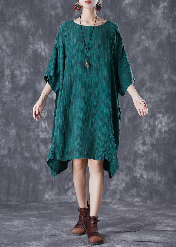 Stylish Dull Green Oversized Striped Linen Dresses Batwing Sleeve