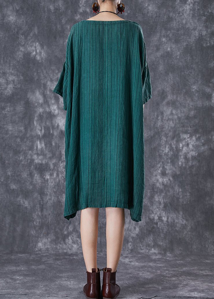 Stylish Dull Green Oversized Striped Linen Dresses Batwing Sleeve