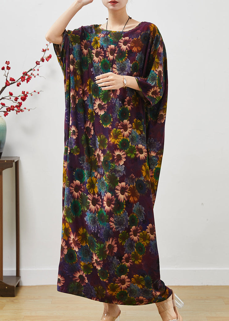 Stylish Dull Purple Oversized Sunflower Print Cotton Robe Dresses Summer