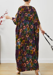 Stylish Dull Purple Oversized Sunflower Print Cotton Robe Dresses Summer